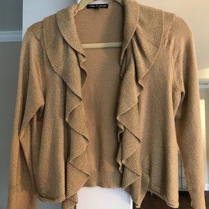 Women's sparkly gold metallic ruffled cardigan sweater.